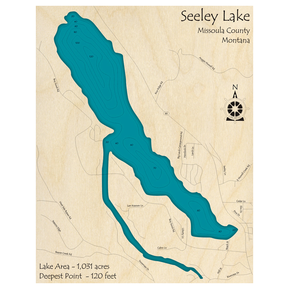 Bathymetric topo map of Seeley Lake, MT with roads, towns and depths noted in blue water.