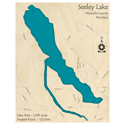 Bathymetric topo map of Seeley Lake, MT with roads, towns and depths noted in blue water.