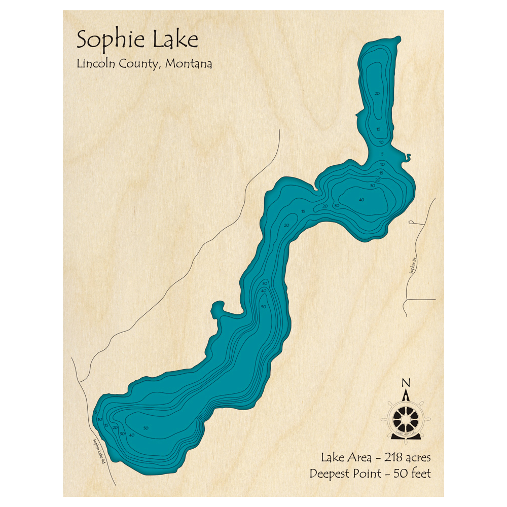 Bathymetric topo map of Sophie Lake, MT with roads, towns and depths noted in blue water.
