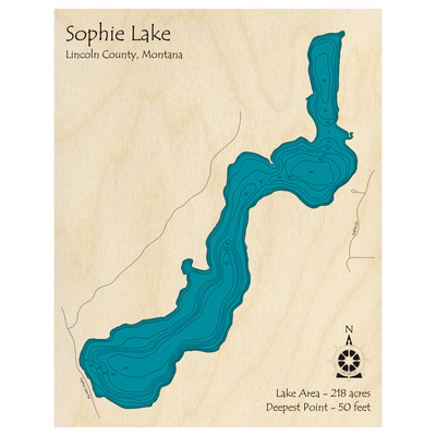 Bathymetric topo map of Sophie Lake, MT with roads, towns and depths noted in blue water.