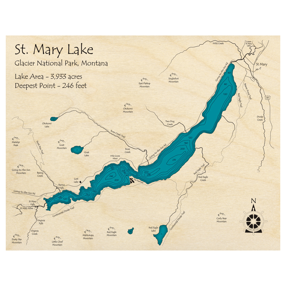 Bathymetric topo map of St Mary Lake, MT with roads, towns and depths noted in blue water.