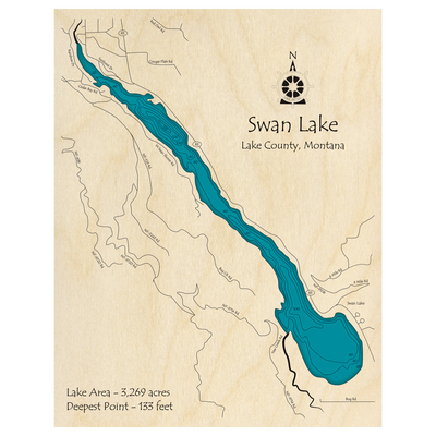 Bathymetric topo map of Swan Lake, MT with roads, towns and depths noted in blue water.