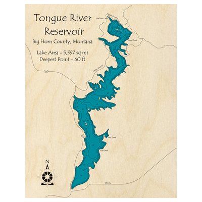 Bathymetric topo map of Tongue River Reservoir, MT with roads, towns and depths noted in blue water.