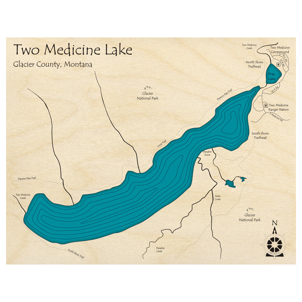 Bathymetric topo map of Two Medicine Lake, MT with roads, towns and depths noted in blue water.