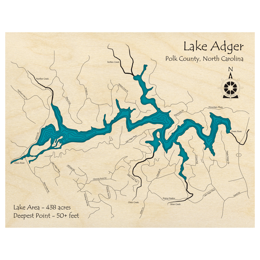 Bathymetric topo map of Lake Adger, NC with roads, towns and depths noted in blue water.
