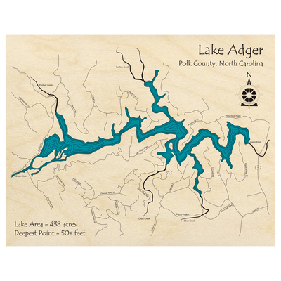 Bathymetric topo map of Lake Adger, NC with roads, towns and depths noted in blue water.