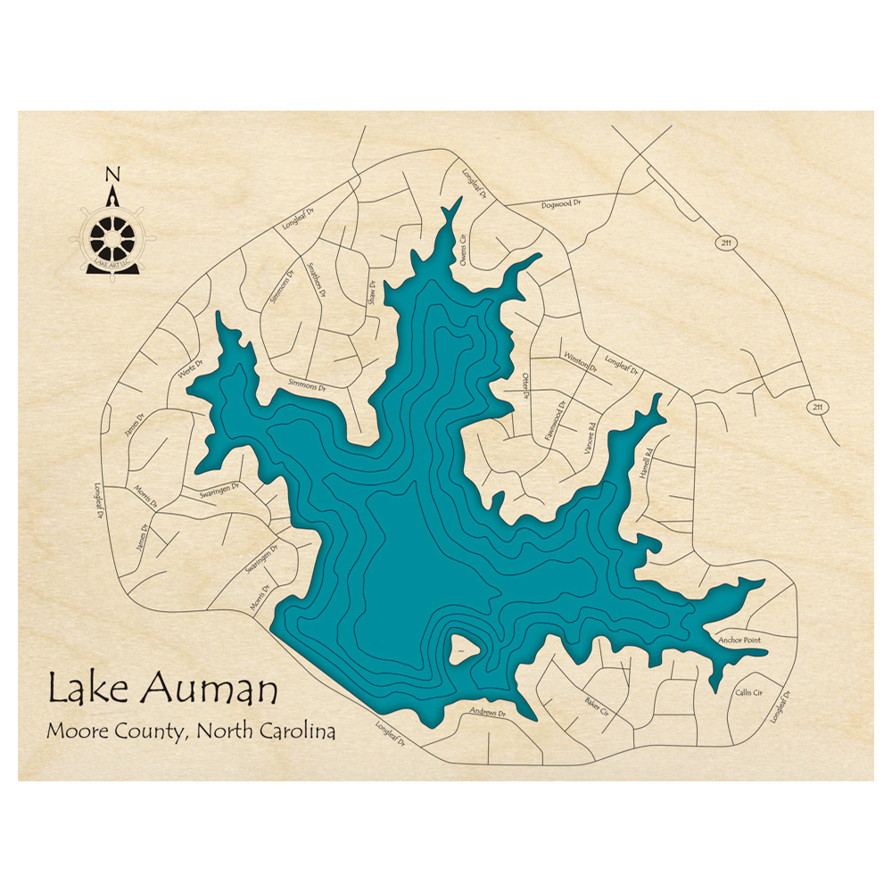 Bathymetric topo map of Auman Lake, NC with roads, towns and depths noted in blue water.