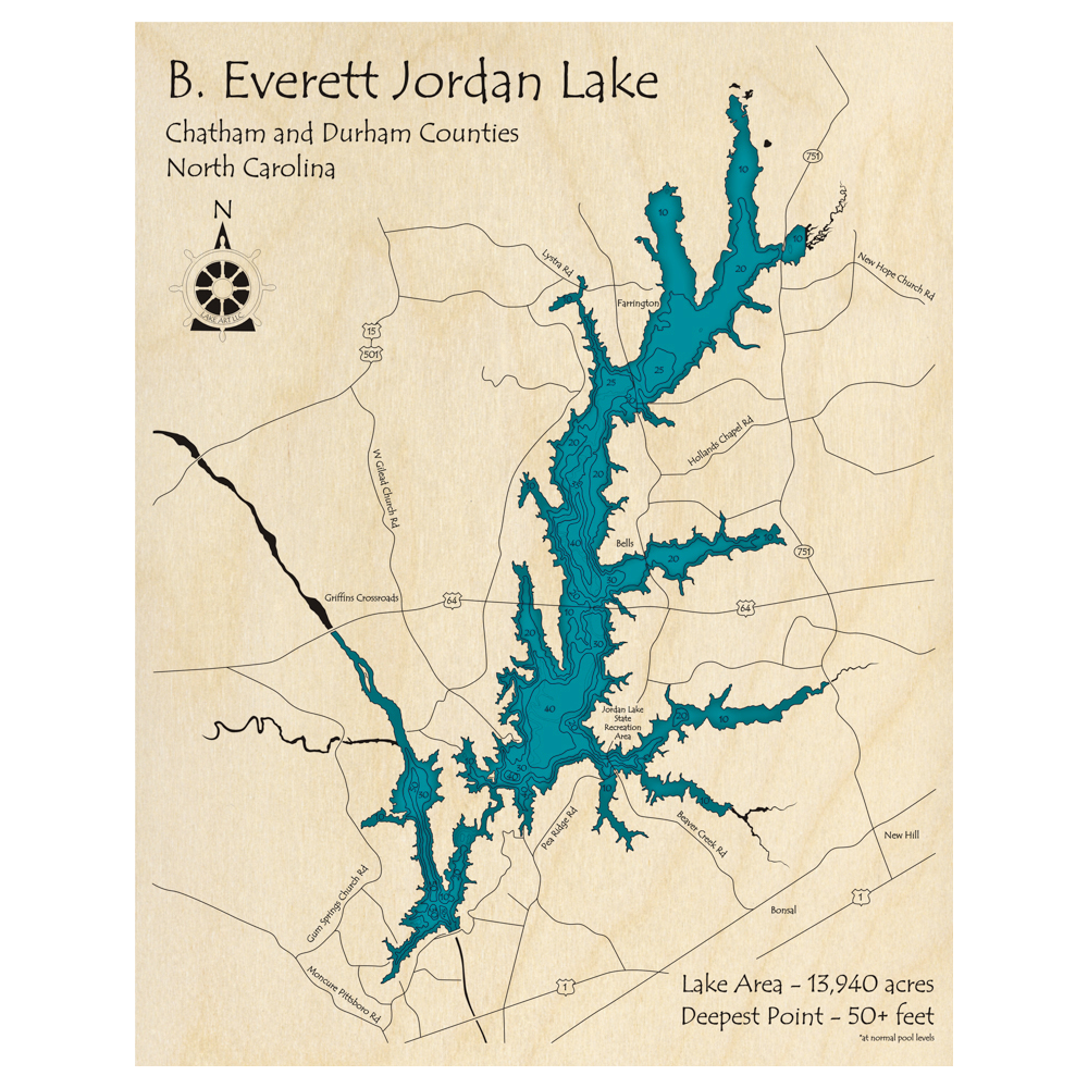 Bathymetric topo map of B Everett Jordan Lake, NC with roads, towns and depths noted in blue water.