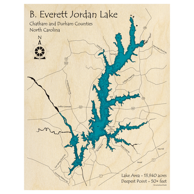 Bathymetric topo map of B Everett Jordan Lake, NC with roads, towns and depths noted in blue water.