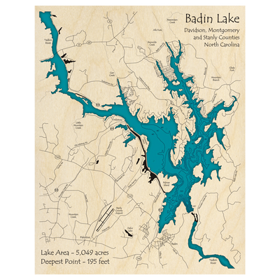 Bathymetric topo map of Badin Lake, NC with roads, towns and depths noted in blue water.
