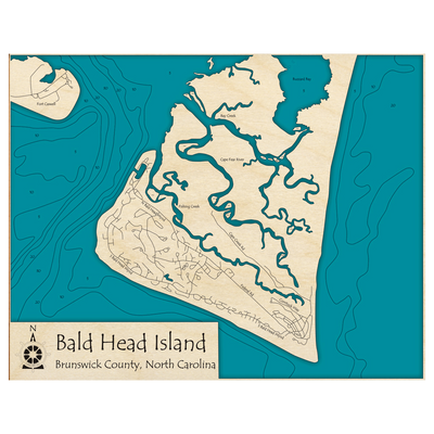 Bathymetric topo map of Bald Head Island, NC with roads, towns and depths noted in blue water.