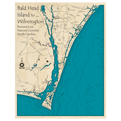 Bathymetric topo map of Bald Head Island to Wilmington, NC with roads, towns and depths noted in blue water.