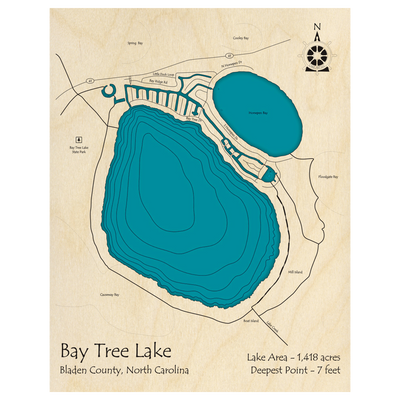 Bathymetric topo map of Bay Tree Lake, NC with roads, towns and depths noted in blue water.