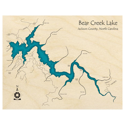Bathymetric topo map of Bear Creek Lake, NC with roads, towns and depths noted in blue water.