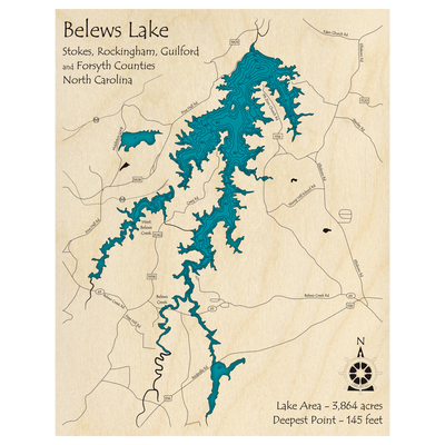 Bathymetric topo map of Belews Lake, NC with roads, towns and depths noted in blue water.