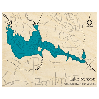 Bathymetric topo map of Lake Benson, NC with roads, towns and depths noted in blue water.