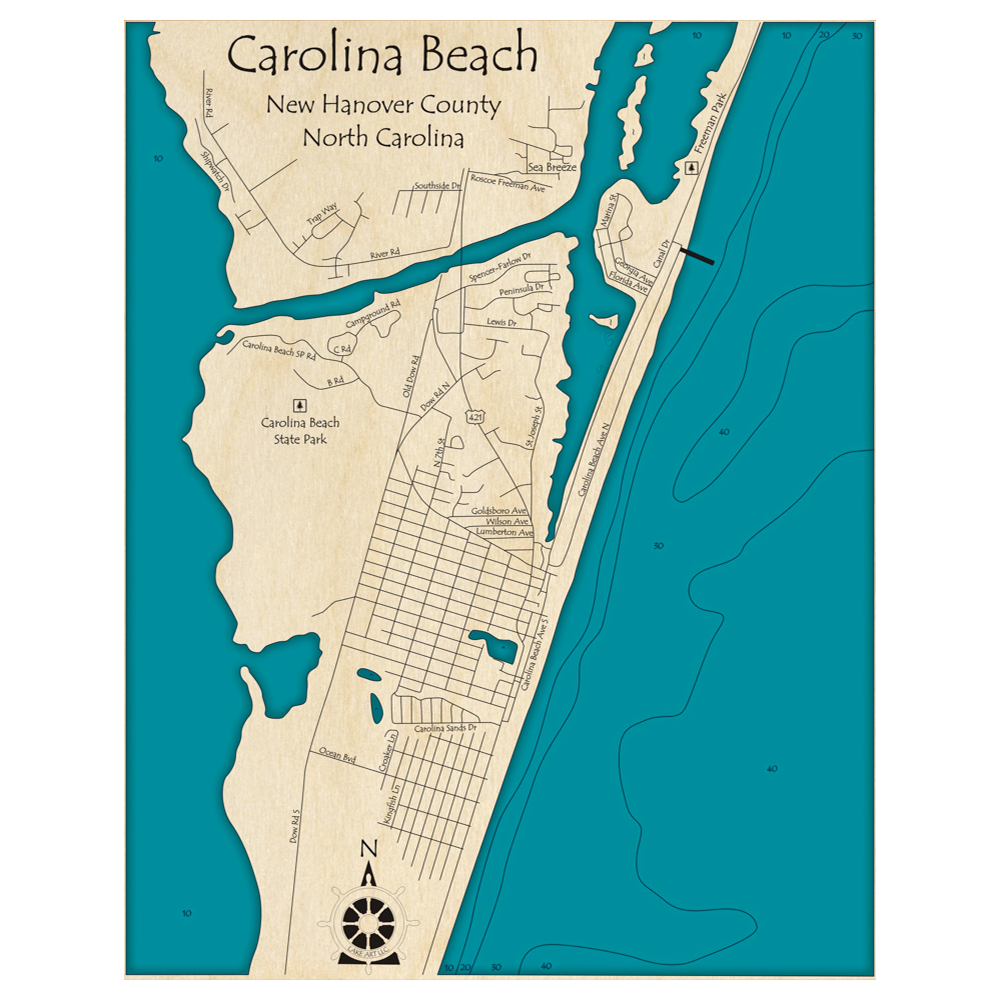 Bathymetric topo map of Carolina Beach, NC with roads, towns and depths noted in blue water.