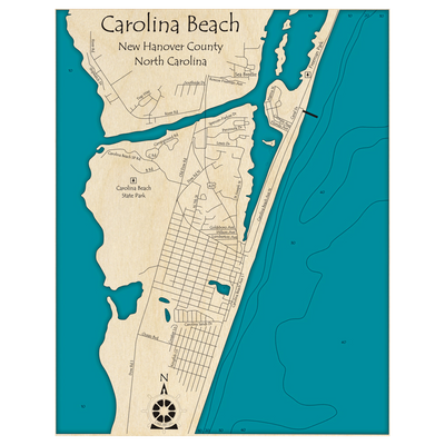 Bathymetric topo map of Carolina Beach, NC with roads, towns and depths noted in blue water.