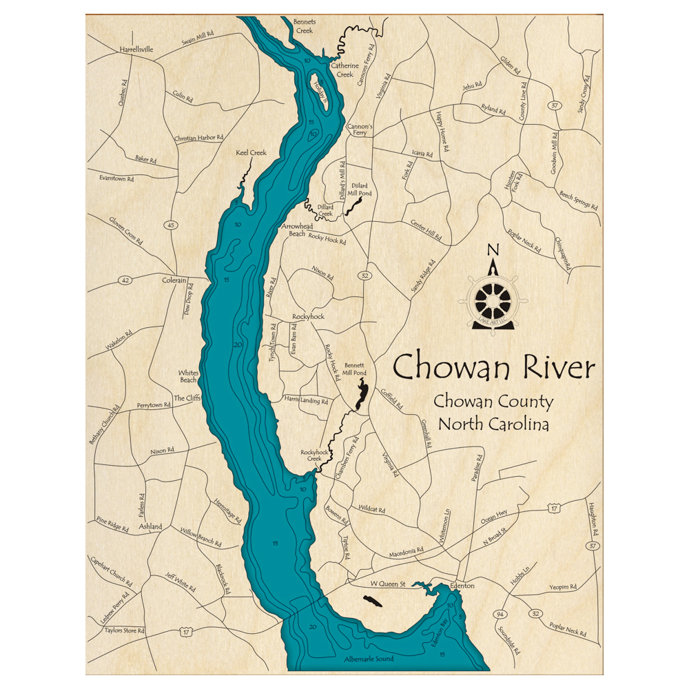 Bathymetric topo map of Chowan River, NC with roads, towns and depths noted in blue water.