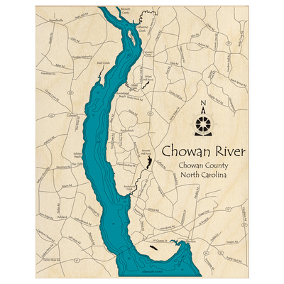 Bathymetric topo map of Chowan River, NC with roads, towns and depths noted in blue water.