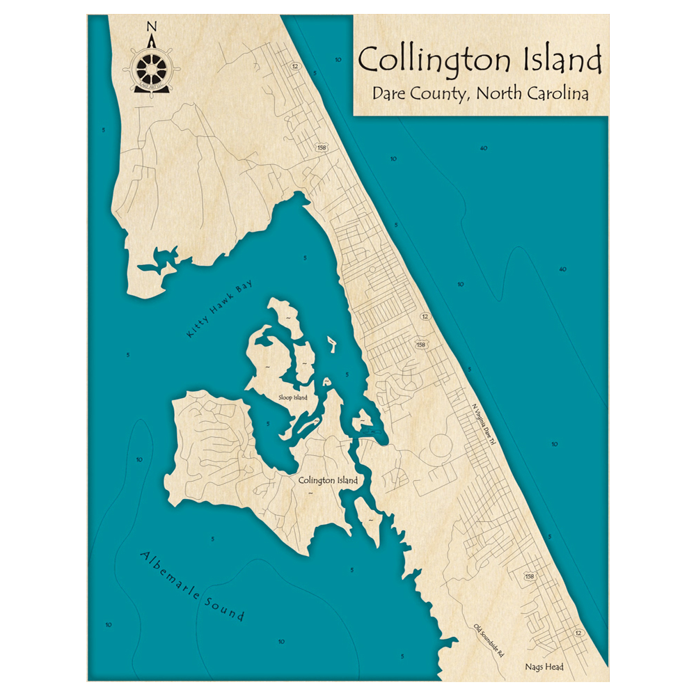 Bathymetric topo map of Collington Island - Outer Banks Region, NC with roads, towns and depths noted in blue water.