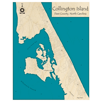 Bathymetric topo map of Collington Island - Outer Banks Region, NC with roads, towns and depths noted in blue water.