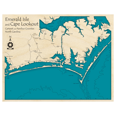 Bathymetric topo map of Emerald Isle and Cape Lookout, NC with roads, towns and depths noted in blue water.