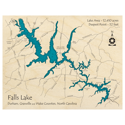 Bathymetric topo map of Falls Lake, NC with roads, towns and depths noted in blue water.