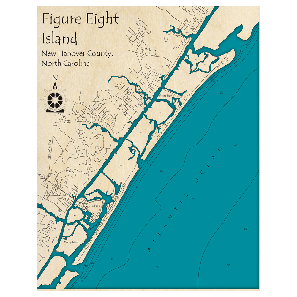 Bathymetric topo map of Figure Eight Island, NC with roads, towns and depths noted in blue water.