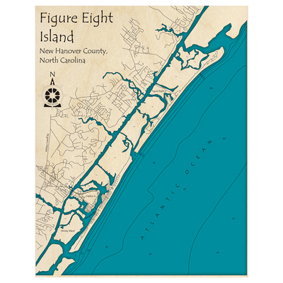 Bathymetric topo map of Figure Eight Island, NC with roads, towns and depths noted in blue water.