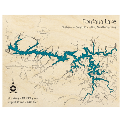Bathymetric topo map of Fontana Lake, NC with roads, towns and depths noted in blue water.