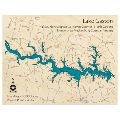 Bathymetric topo map of Lake Gaston (NC, VA) with roads, towns and depths noted in blue water.