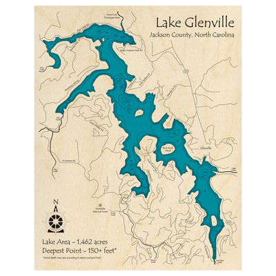 Bathymetric topo map of Lake Glenville, NC with roads, towns and depths noted in blue water.