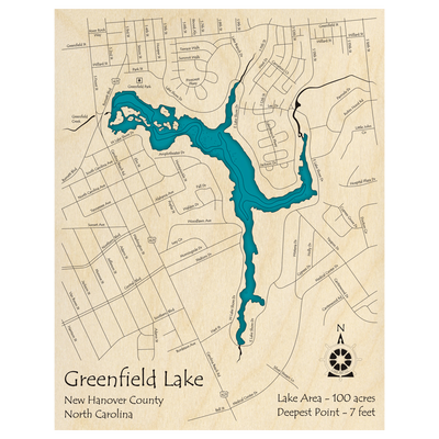 Bathymetric topo map of Greenfield Lake, NC with roads, towns and depths noted in blue water.