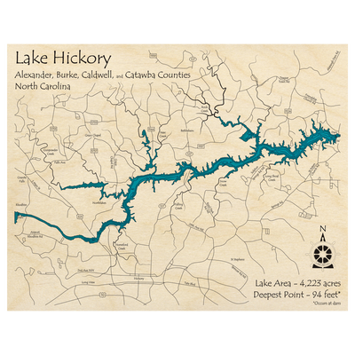 Bathymetric topo map of Lake Hickory, NC with roads, towns and depths noted in blue water.