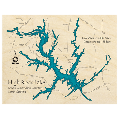 Bathymetric topo map of High Rock Lake, NC with roads, towns and depths noted in blue water.