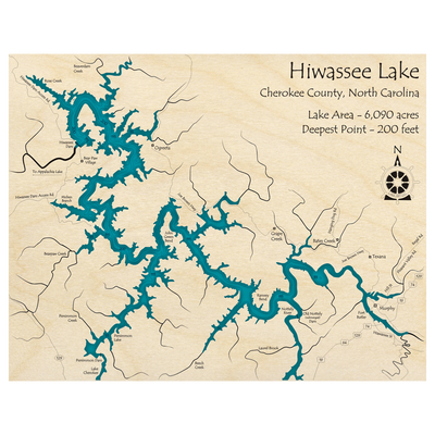 Bathymetric topo map of Lake Hiwassee, NC with roads, towns and depths noted in blue water.