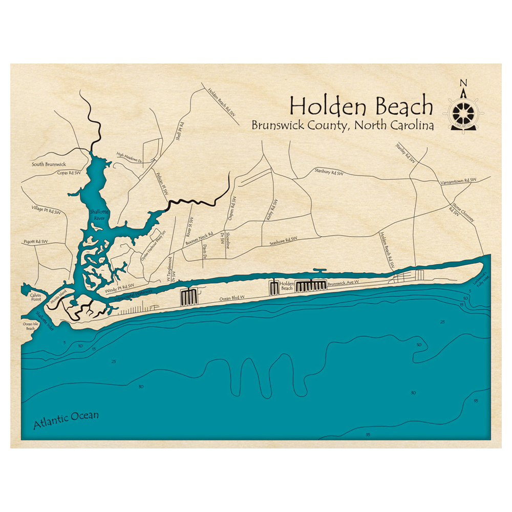 Bathymetric topo map of Holden Beach, NC with roads, towns and depths noted in blue water.