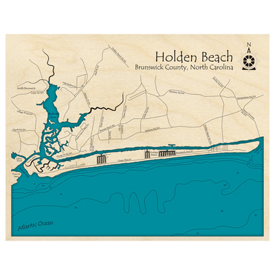 Bathymetric topo map of Holden Beach, NC with roads, towns and depths noted in blue water.