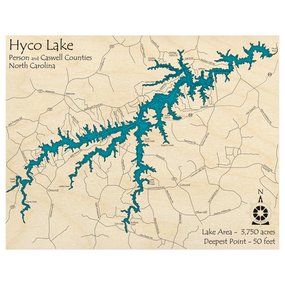 Bathymetric topo map of Hyco Reservoir, NC with roads, towns and depths noted in blue water.
