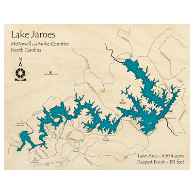 Bathymetric topo map of Lake James, NC with roads, towns and depths noted in blue water.