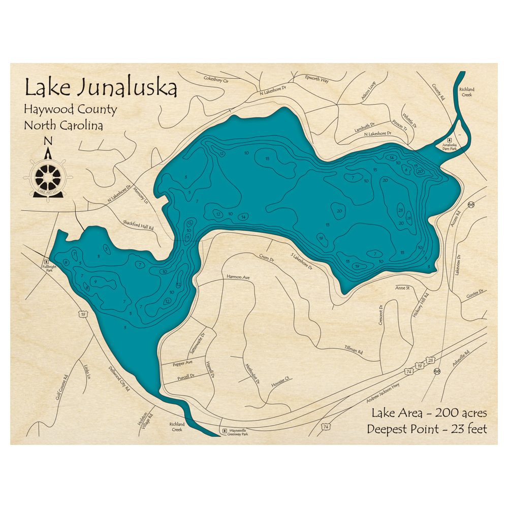 Bathymetric topo map of Lake Junaluska, NC with roads, towns and depths noted in blue water.