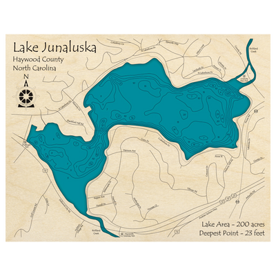 Bathymetric topo map of Lake Junaluska, NC with roads, towns and depths noted in blue water.