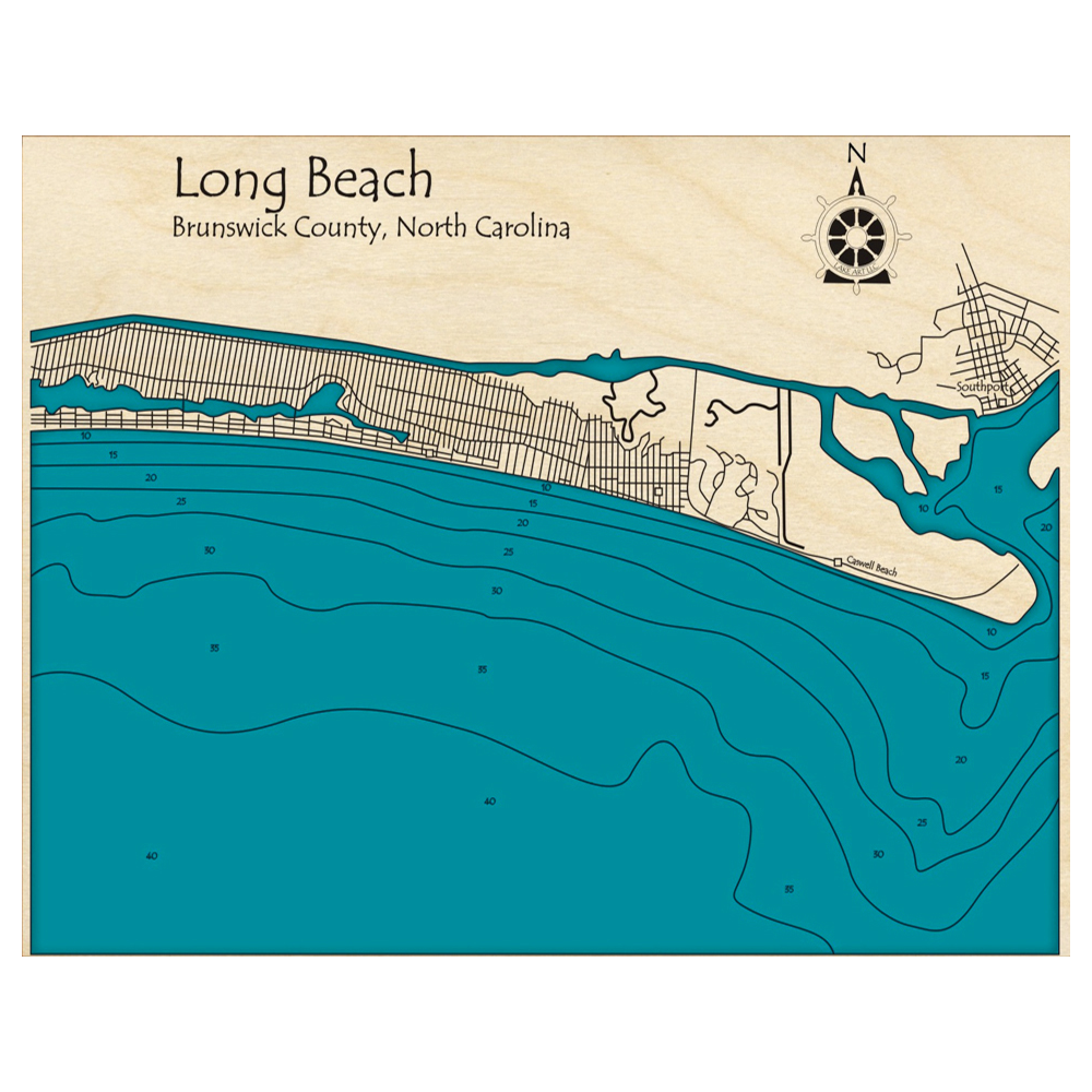 Bathymetric topo map of Long Beach, NC with roads, towns and depths noted in blue water.