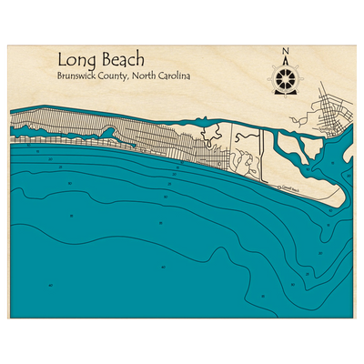 Bathymetric topo map of Long Beach, NC with roads, towns and depths noted in blue water.