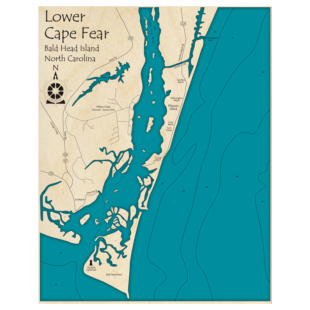 Bathymetric topo map of Lower Cape Fear, NC with roads, towns and depths noted in blue water.