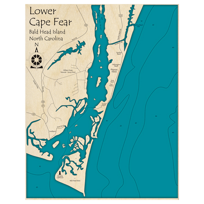 Bathymetric topo map of Lower Cape Fear, NC with roads, towns and depths noted in blue water.