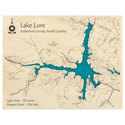 Bathymetric topo map of Lake Lure, NC with roads, towns and depths noted in blue water.