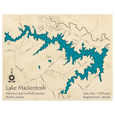 Bathymetric topo map of Lake Mackintosh, NC with roads, towns and depths noted in blue water.
