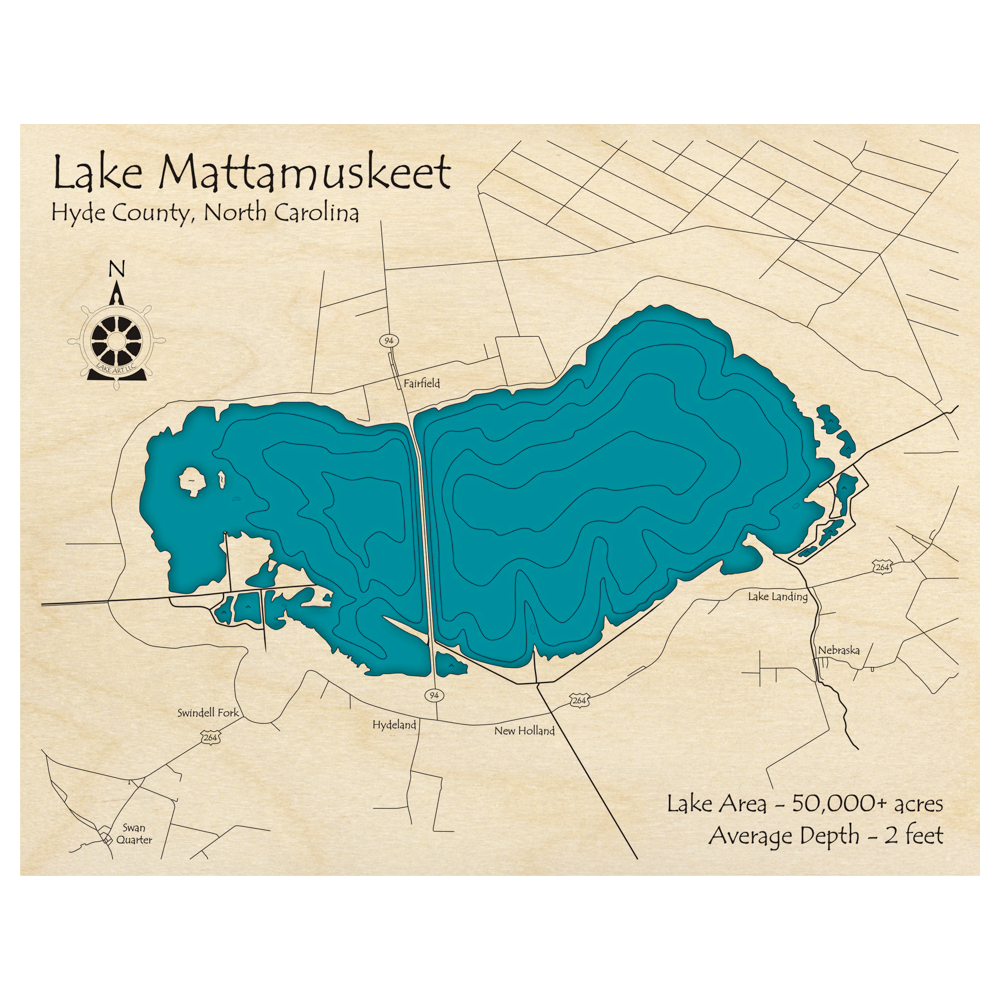 Bathymetric topo map of Lake Mattamuskeet, NC with roads, towns and depths noted in blue water.